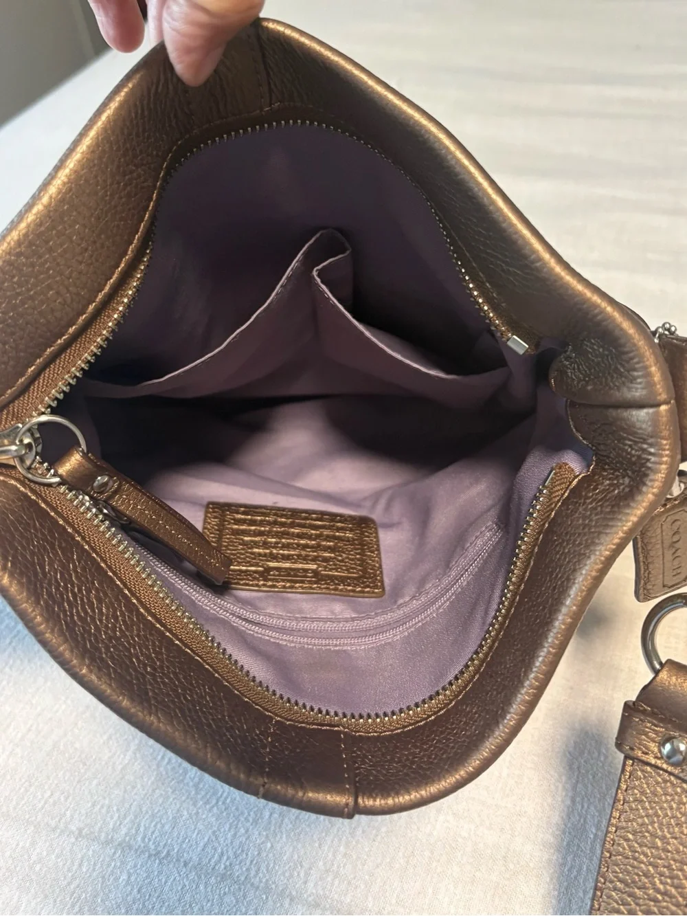 Coach Metallic Bronze Leather Shoulder Bag with Silver Chain